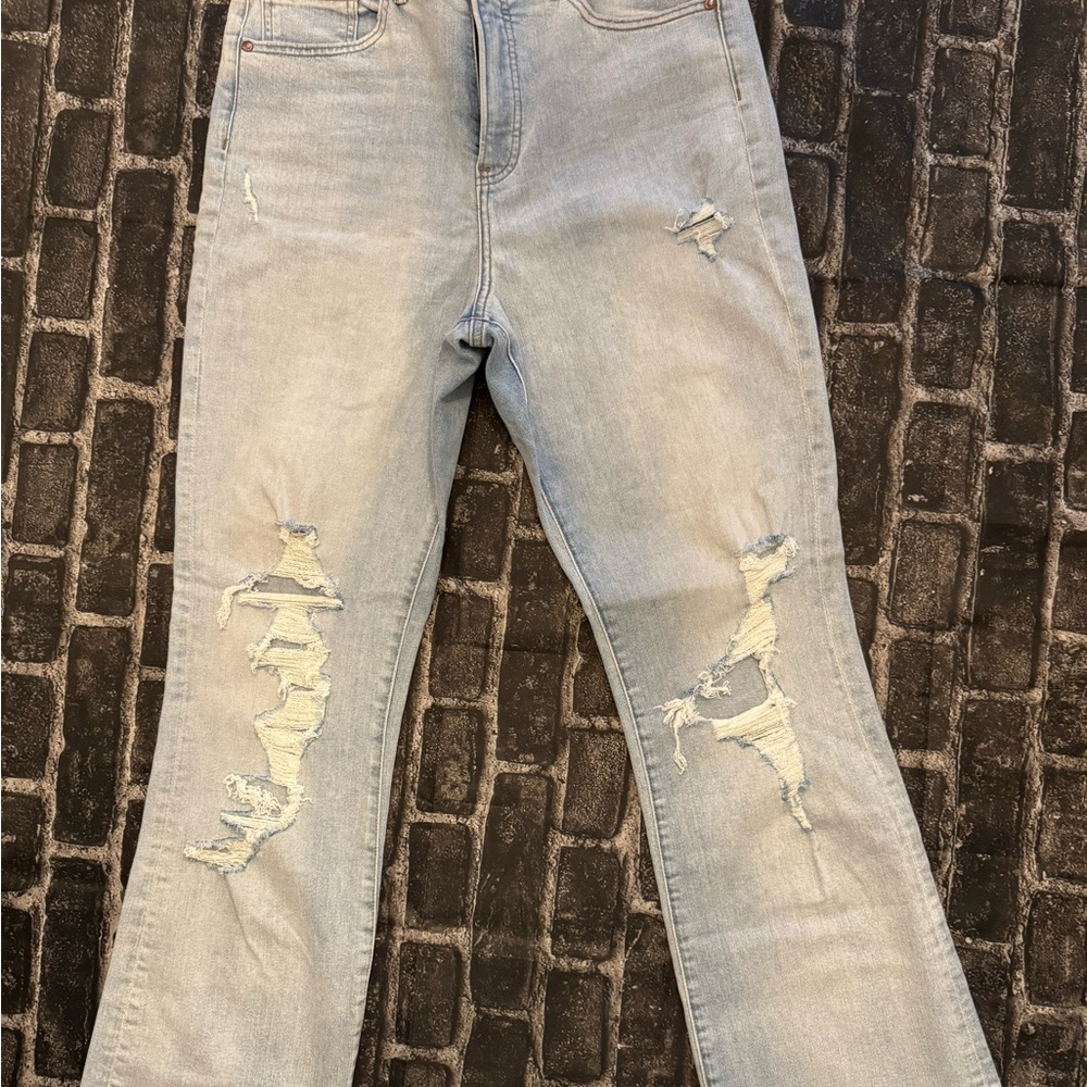 Express Light Blue Distressed Boot Cut Jeans